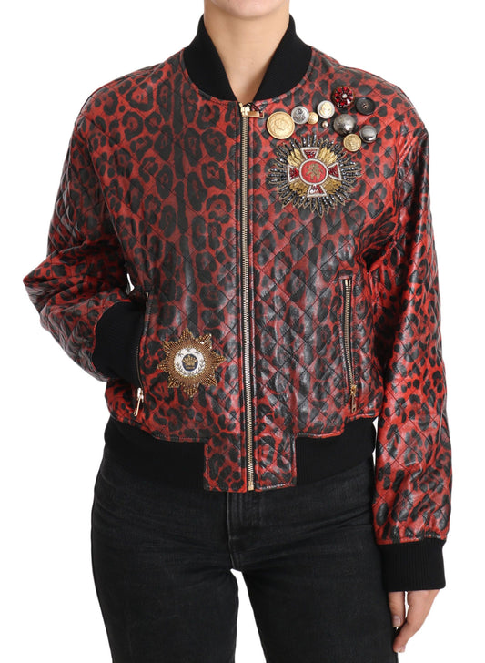 Dolce & Gabbana Red Leopard Bomber Leather Jacket with Crystal Buttons - The Home of Luxury