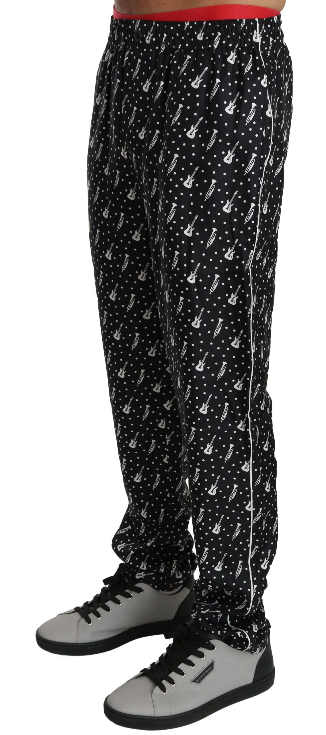 Dolce & Gabbana Elegant Black Musical Instrument Print Silk Pants - The Home of Luxury