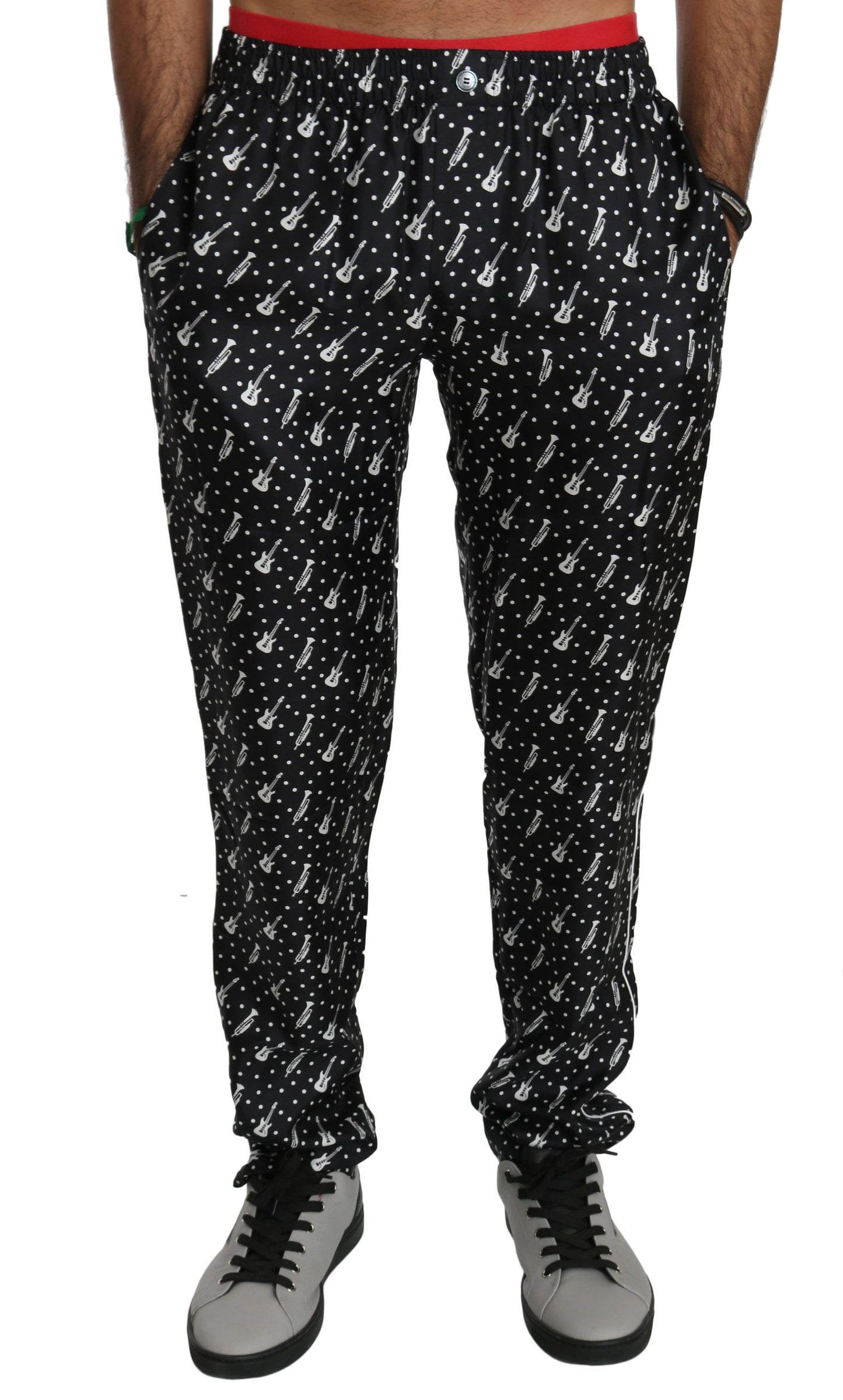 Dolce & Gabbana Elegant Black Musical Instrument Print Silk Pants - The Home of Luxury