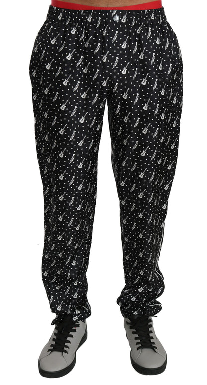 Dolce & Gabbana Elegant Black Musical Instrument Print Silk Pants - The Home of Luxury