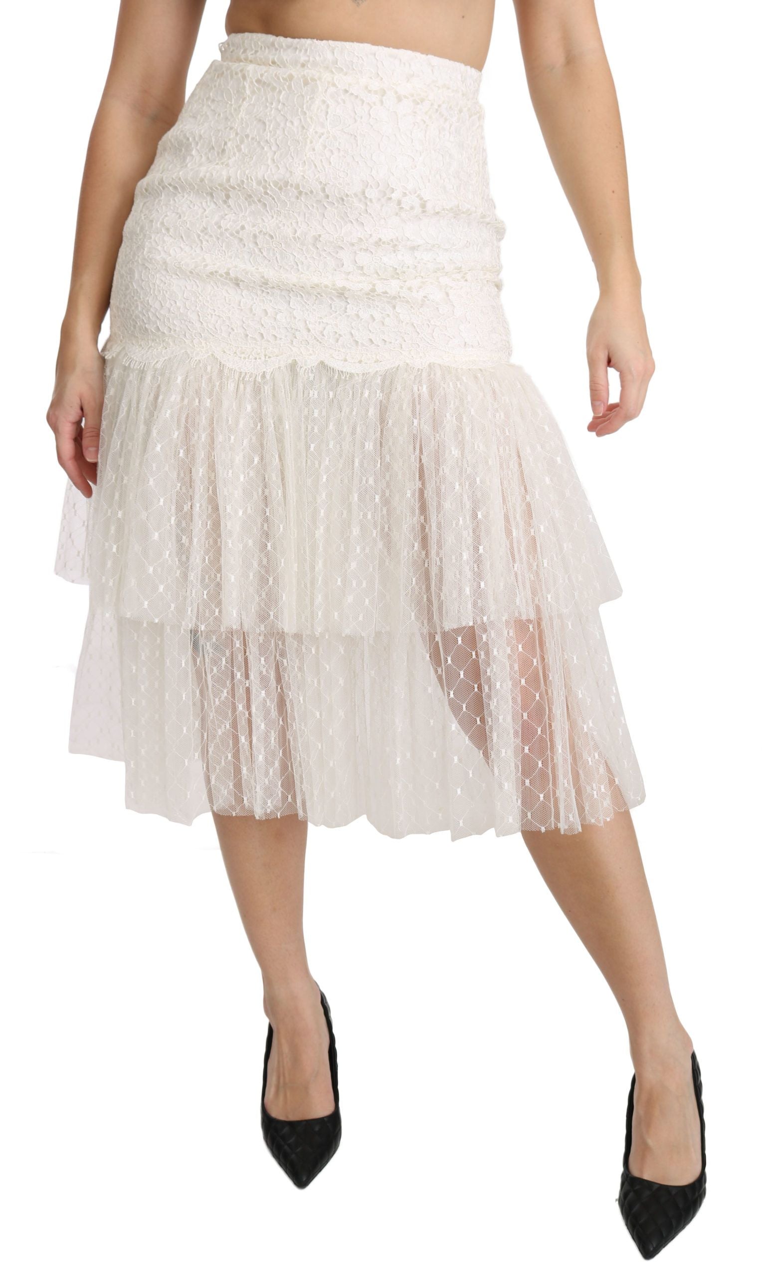 Dolce & Gabbana Elegant White Lace High-Waist Skirt - The Home of Luxury