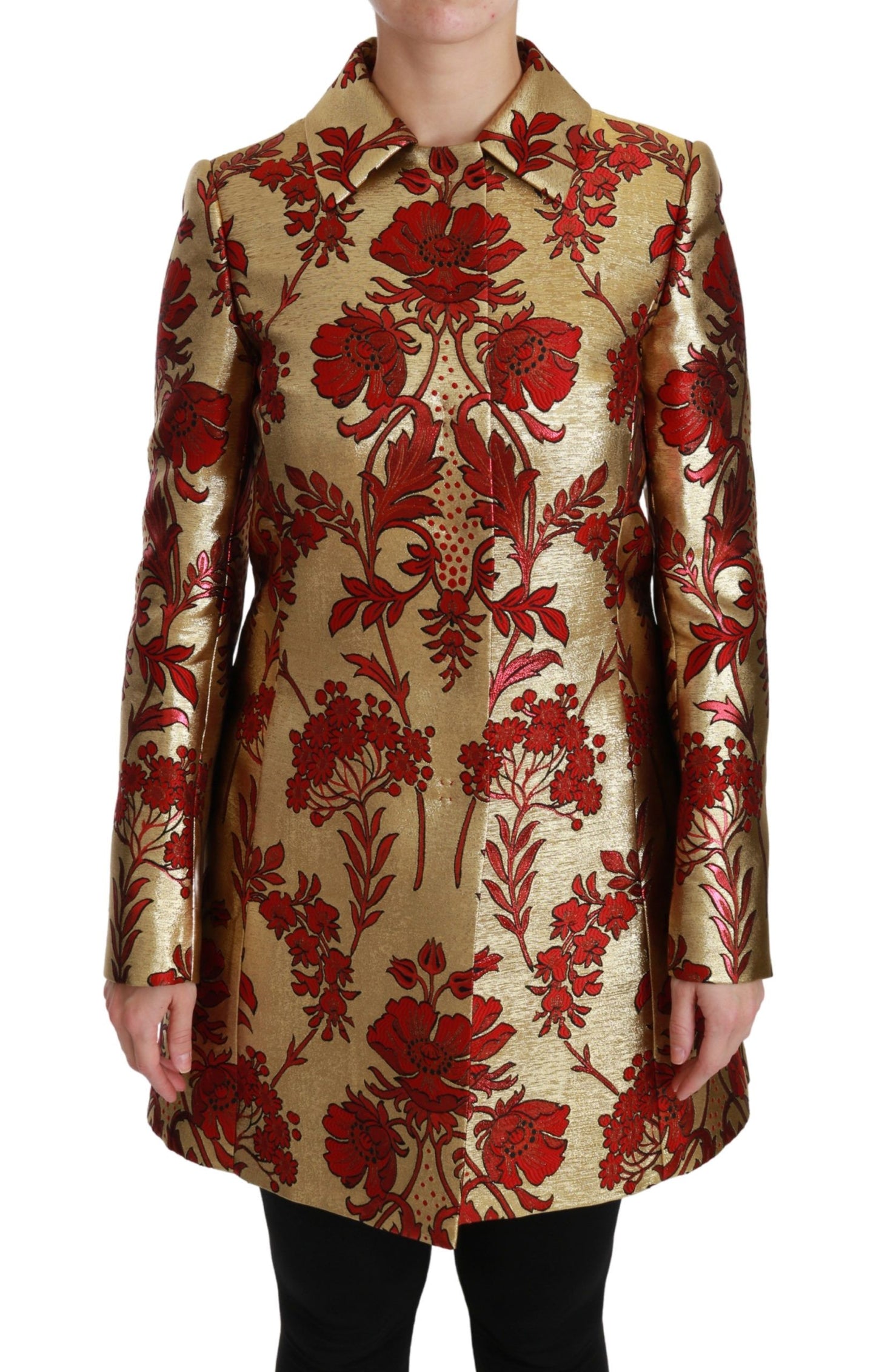 Dolce & Gabbana Elegant Gold Floral Brocade Trench Coat - The Home of Luxury