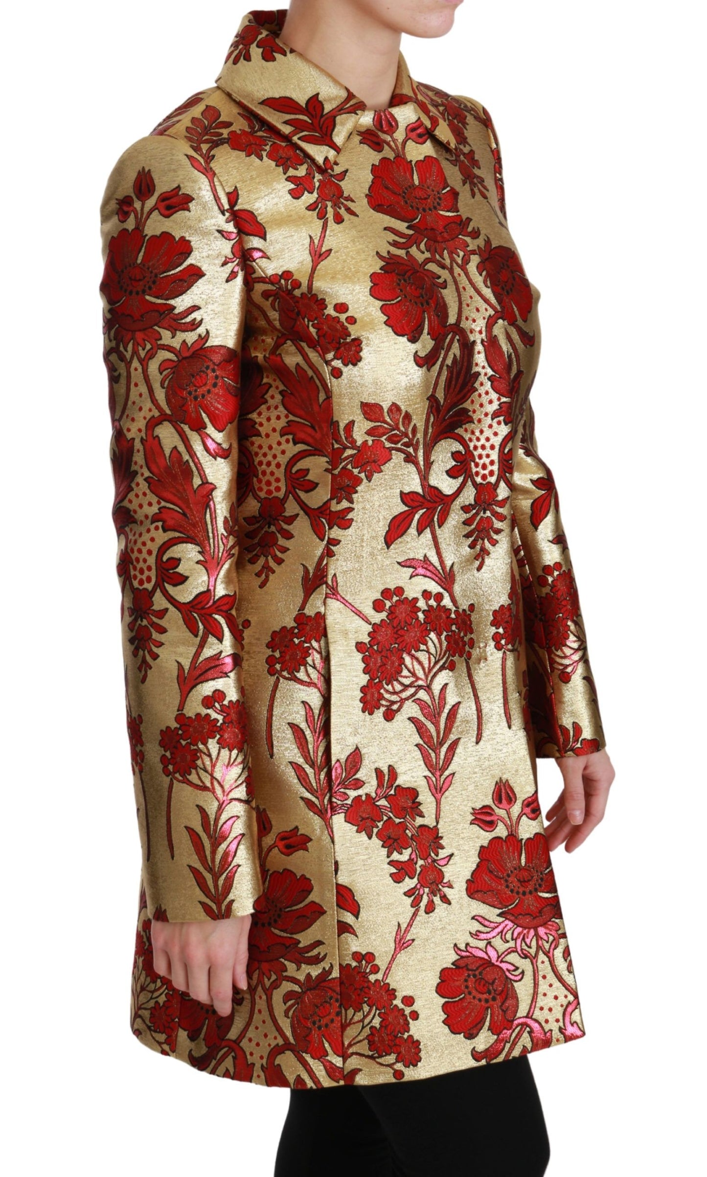 Dolce & Gabbana Elegant Gold Floral Brocade Trench Coat - The Home of Luxury