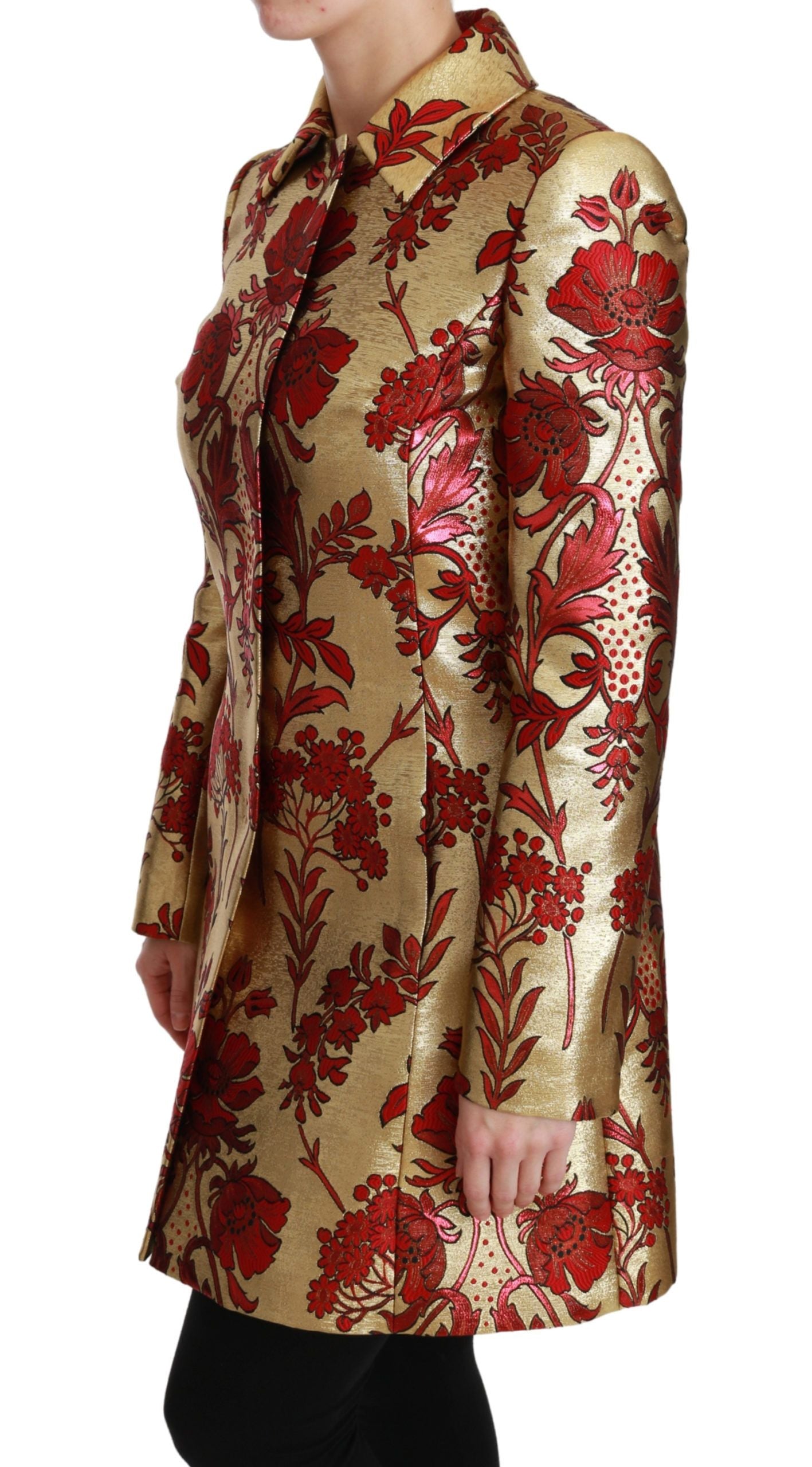 Dolce & Gabbana Elegant Gold Floral Brocade Trench Coat - The Home of Luxury