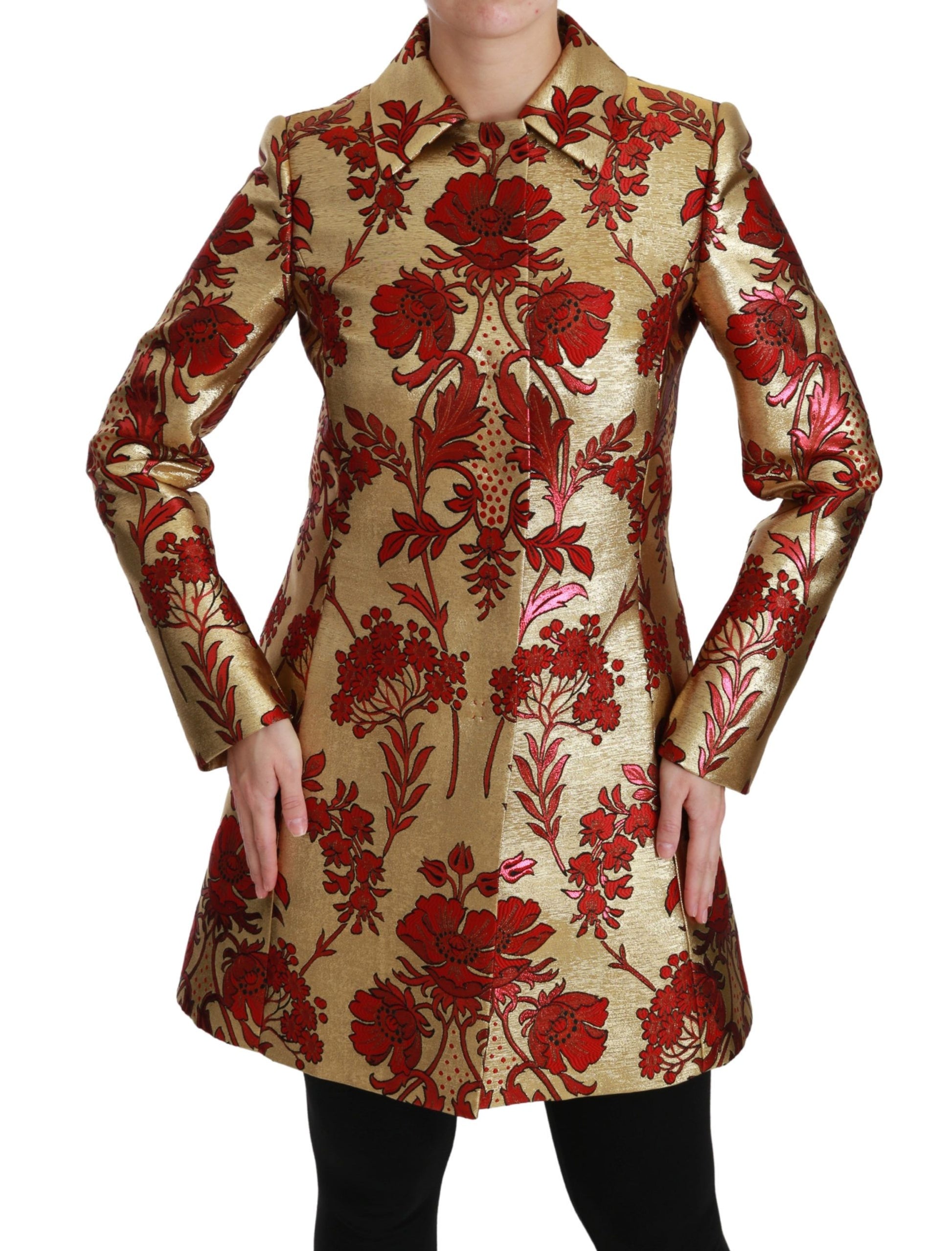 Dolce & Gabbana Elegant Gold Floral Brocade Trench Coat - The Home of Luxury