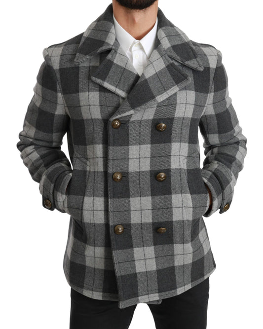 Dolce & Gabbana Elegant Gray Check Double Breasted Coat - The Home of Luxury