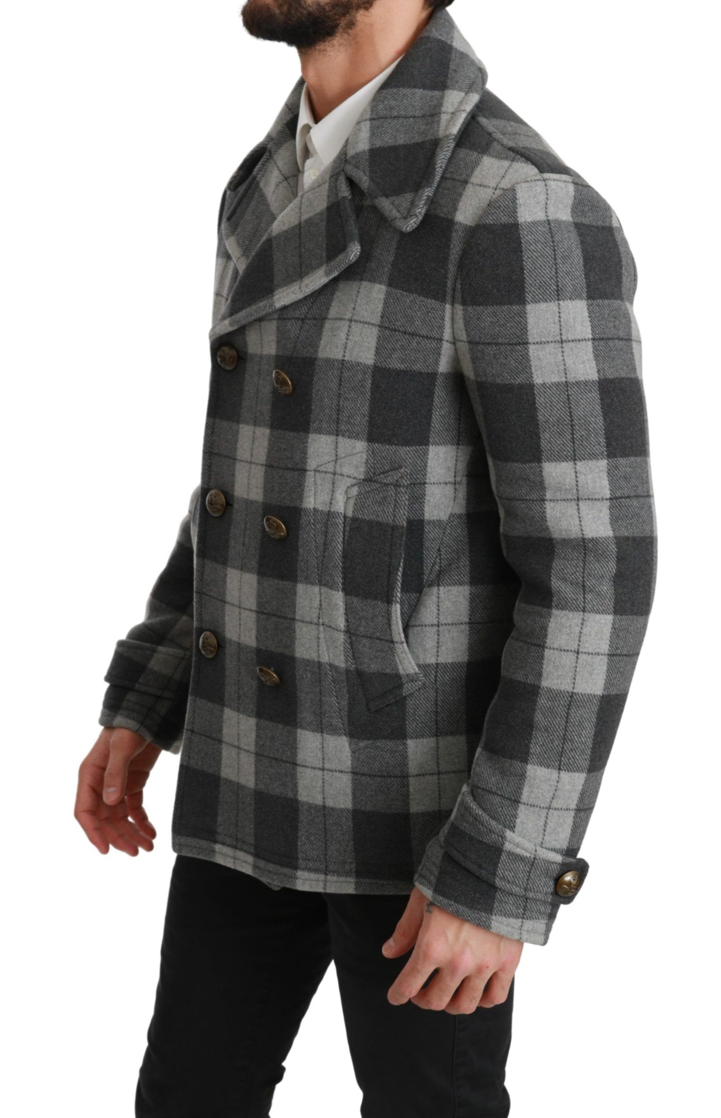 Dolce & Gabbana Elegant Gray Check Double Breasted Coat - The Home of Luxury