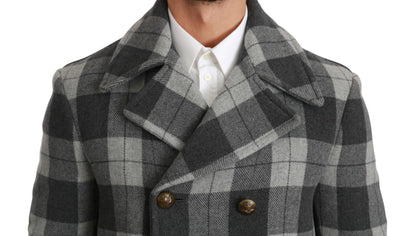 Dolce & Gabbana Elegant Gray Check Double Breasted Coat - The Home of Luxury