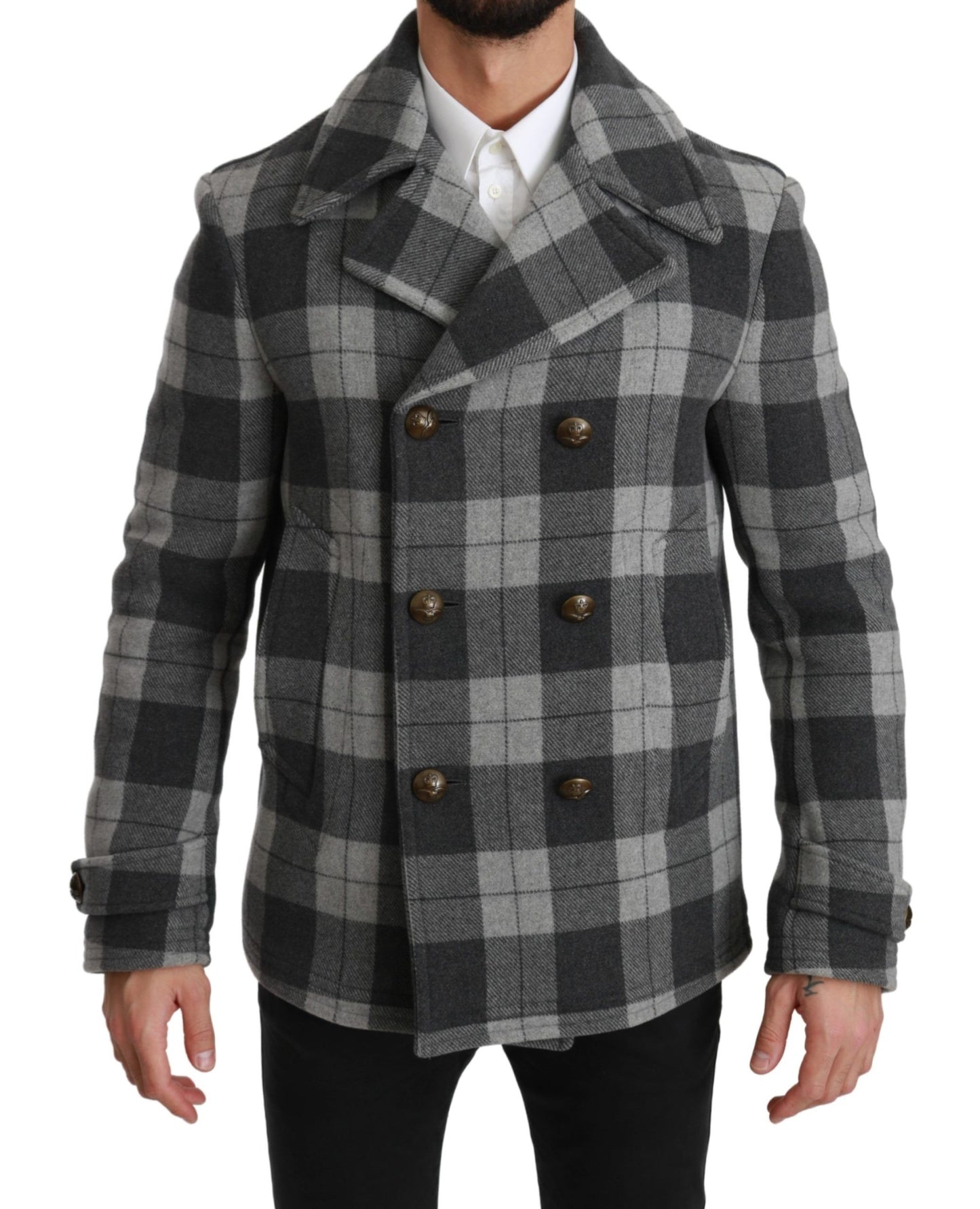 Dolce & Gabbana Elegant Gray Check Double Breasted Coat - The Home of Luxury