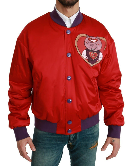 Dolce & Gabbana Vibrant Red Bomber Jacket with Multicolor Motif - The Home of Luxury