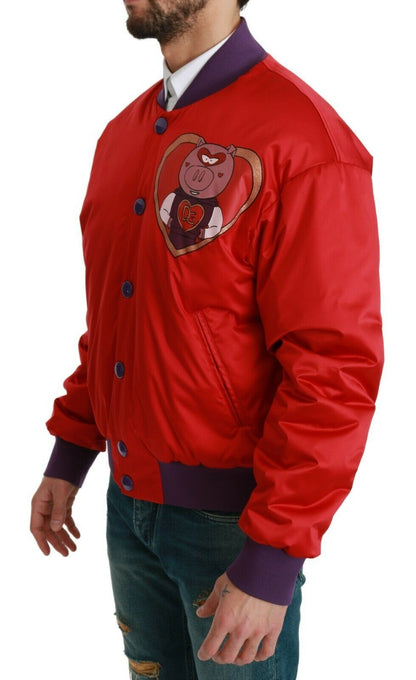 Dolce & Gabbana Vibrant Red Bomber Jacket with Multicolor Motif - The Home of Luxury