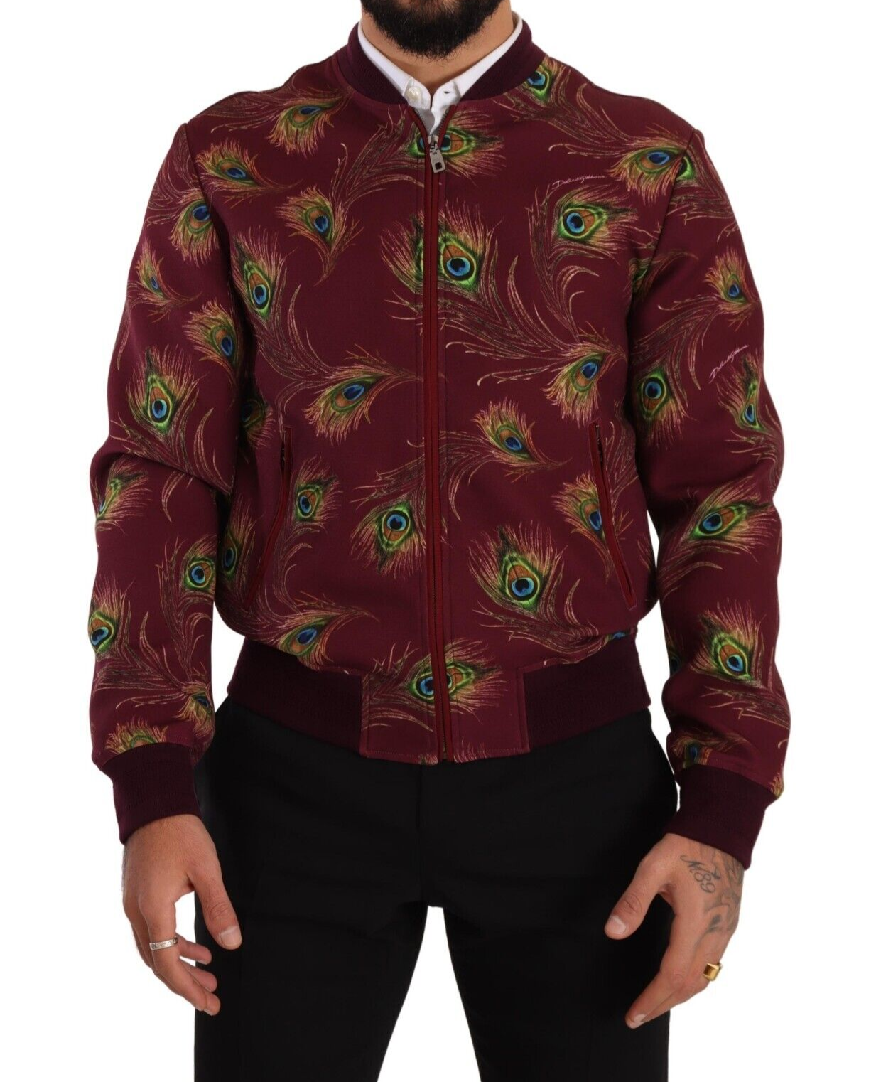 Dolce & Gabbana Radiant Red Peacock Print Bomber Jacket