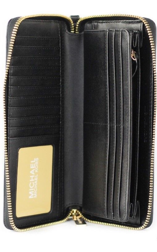 Michael Kors Jet Set Travel Large Continental Clutch Wristlet Wallet (Black/Gold Hardware)