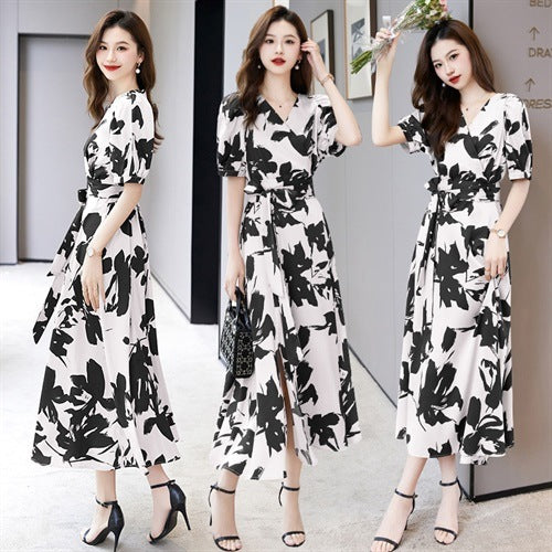 Fashion V-neck Printed Short Sleeve Dress Women - MA