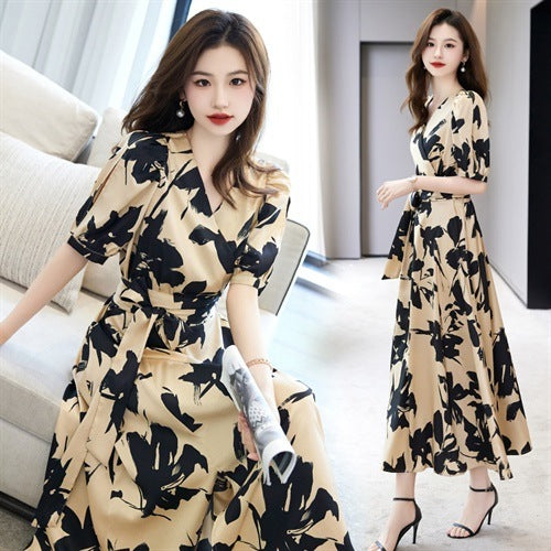 Fashion V-neck Printed Short Sleeve Dress Women - MA