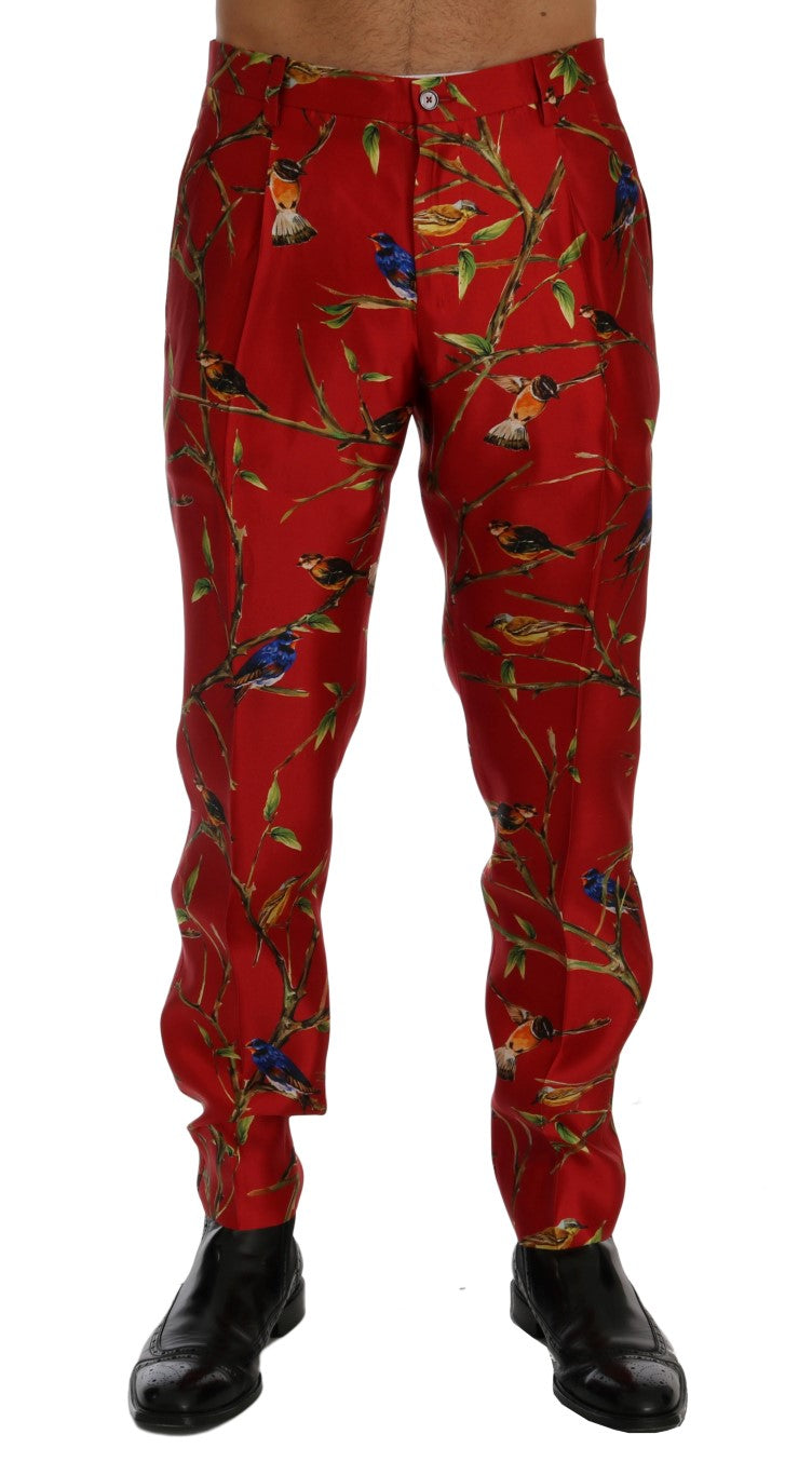 Dolce & Gabbana Elegant Silk Dress Trousers in Red Bird Print - The Home of Luxury