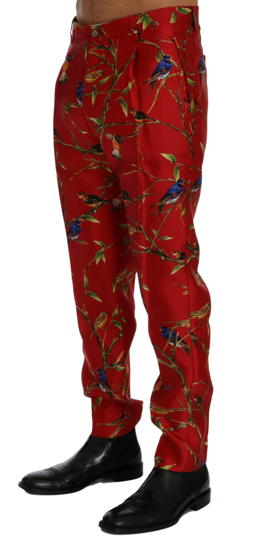 Dolce & Gabbana Elegant Silk Dress Trousers in Red Bird Print - The Home of Luxury