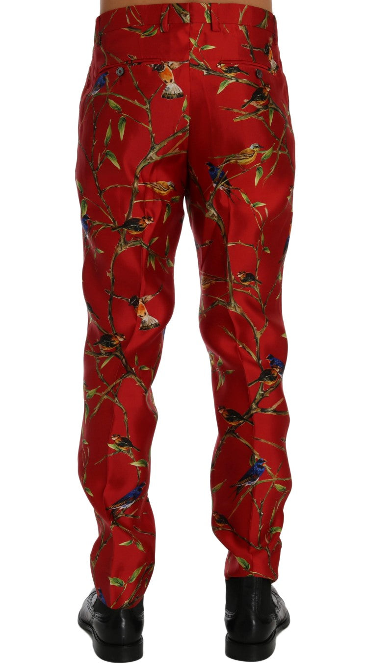 Dolce & Gabbana Elegant Silk Dress Trousers in Red Bird Print - The Home of Luxury