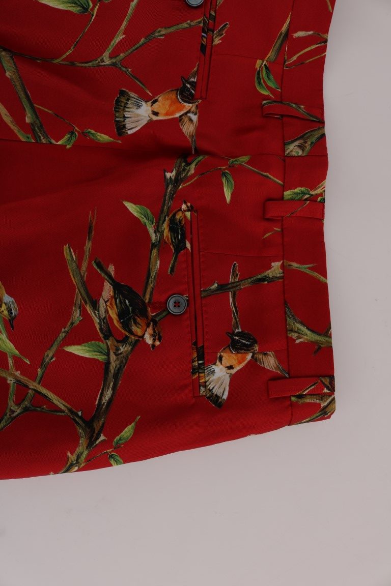 Dolce & Gabbana Elegant Silk Dress Trousers in Red Bird Print - The Home of Luxury