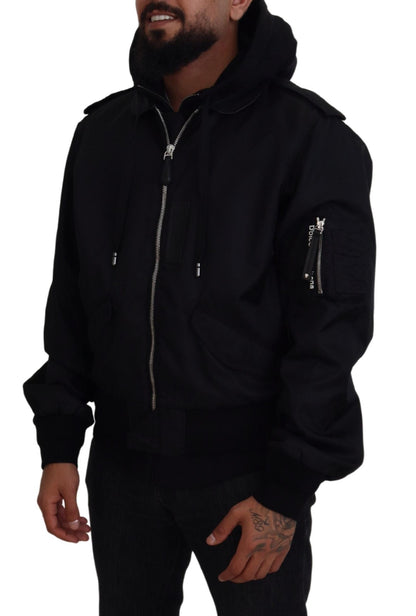 Dolce & Gabbana Sleek Black Hooded Bomber Jacket