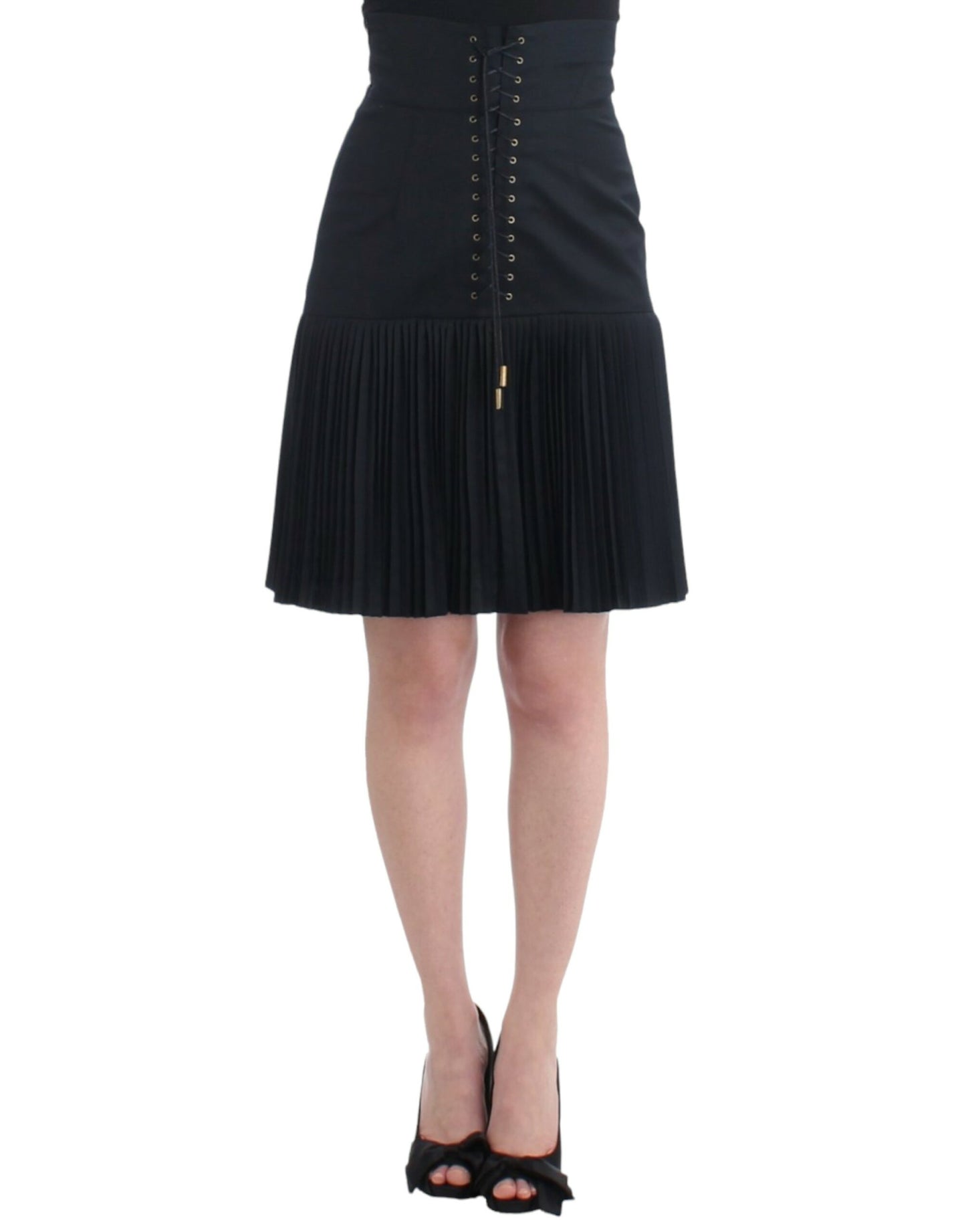 Cavalli Elegant Black Pleated Lace A-Line Skirt - The Home of Luxury