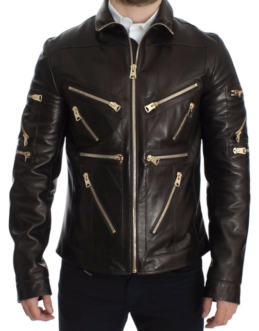 Dolce & Gabbana Elegant Brown Gold-Detailed Leather Jacket - The Home of Luxury