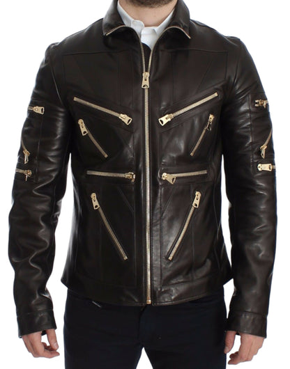 Dolce & Gabbana Elegant Brown Gold-Detailed Leather Jacket - The Home of Luxury