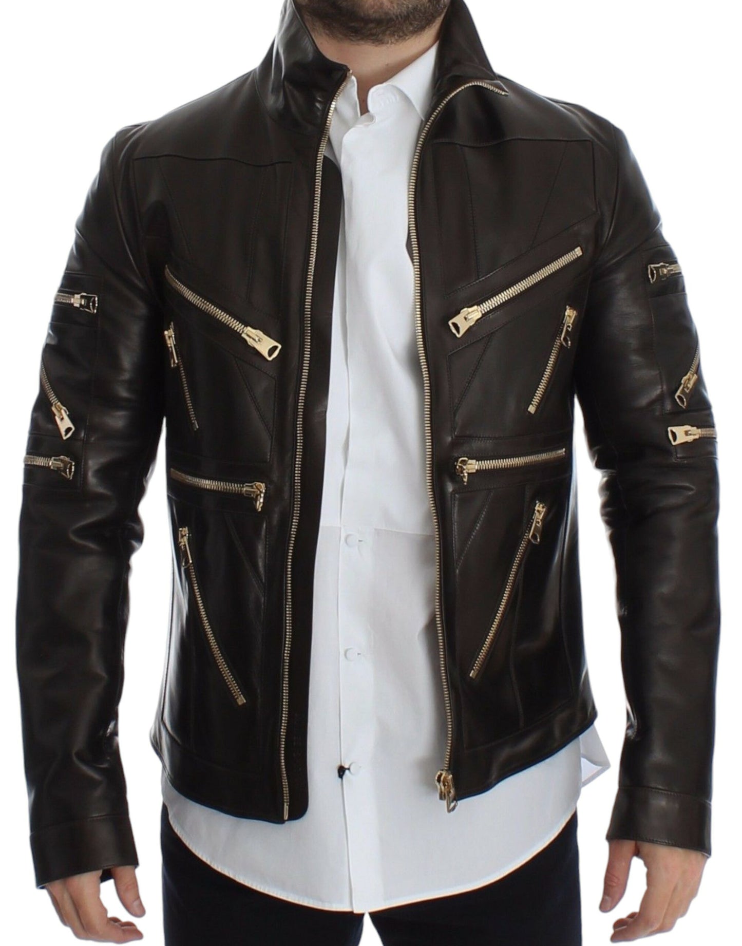 Dolce & Gabbana Elegant Brown Gold-Detailed Leather Jacket - The Home of Luxury