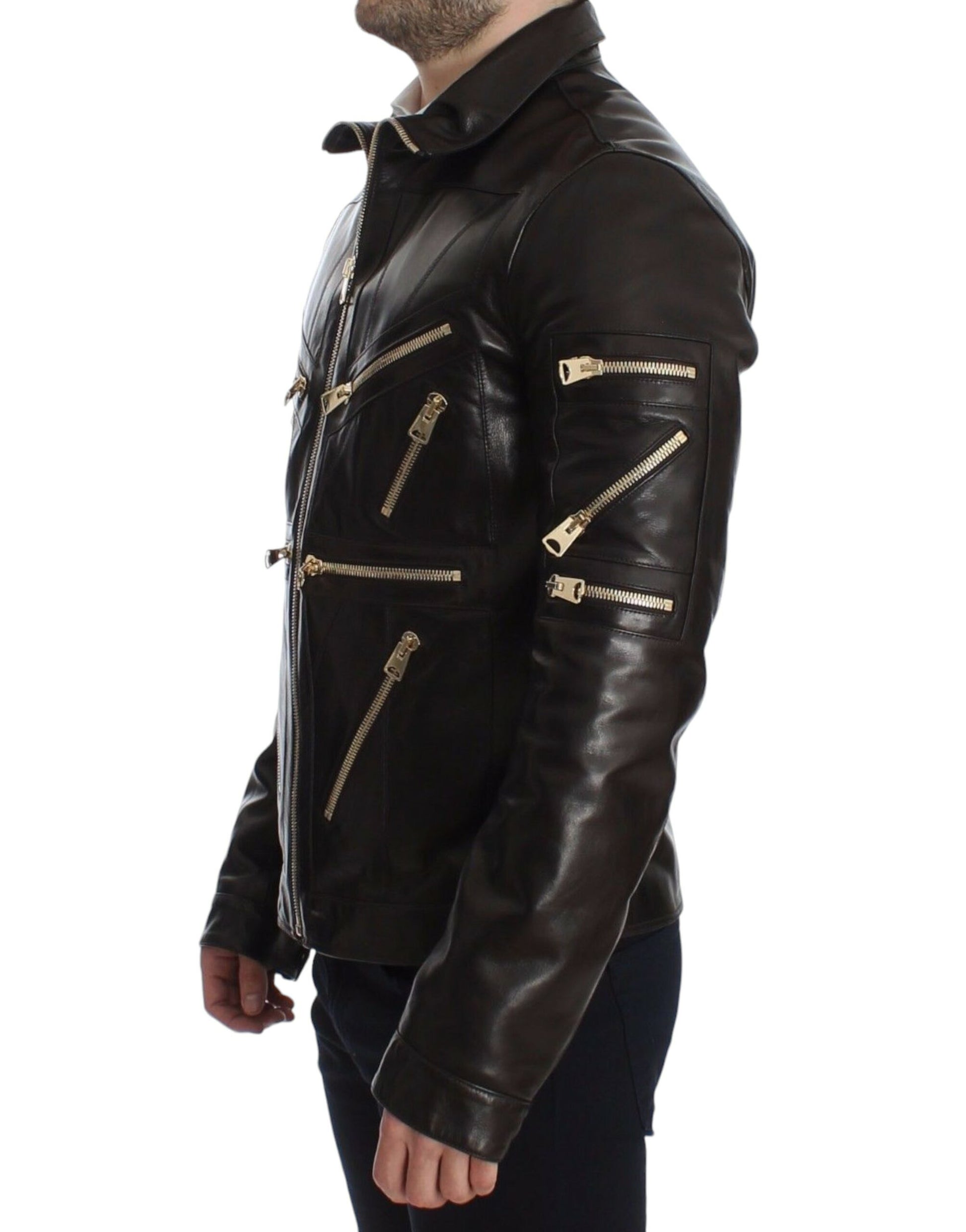 Dolce & Gabbana Elegant Brown Gold-Detailed Leather Jacket - The Home of Luxury