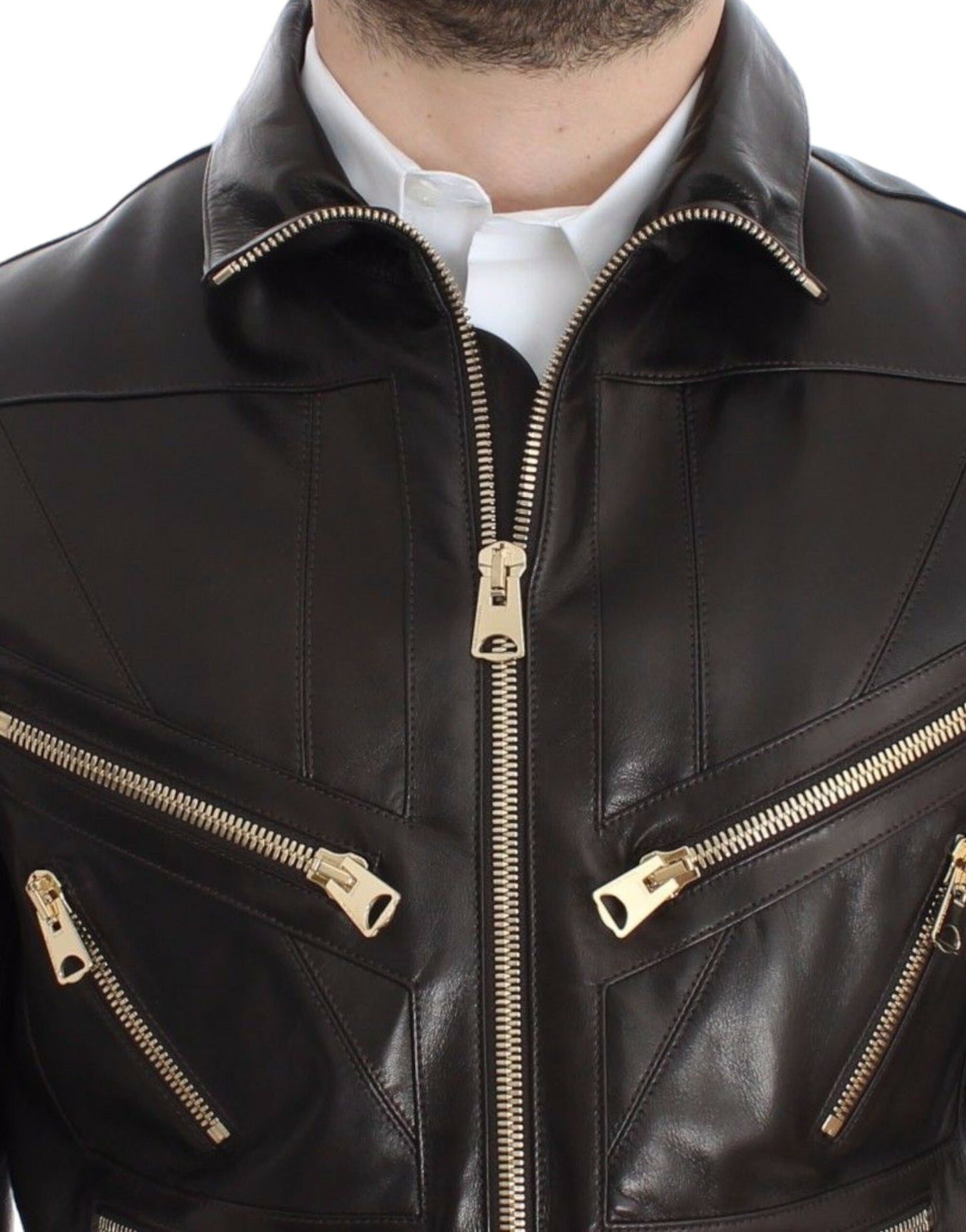 Dolce & Gabbana Elegant Brown Gold-Detailed Leather Jacket - The Home of Luxury