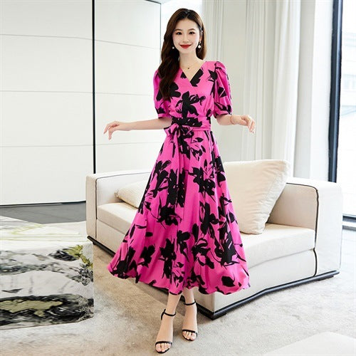 Fashion V-neck Printed Short Sleeve Dress Women - MA