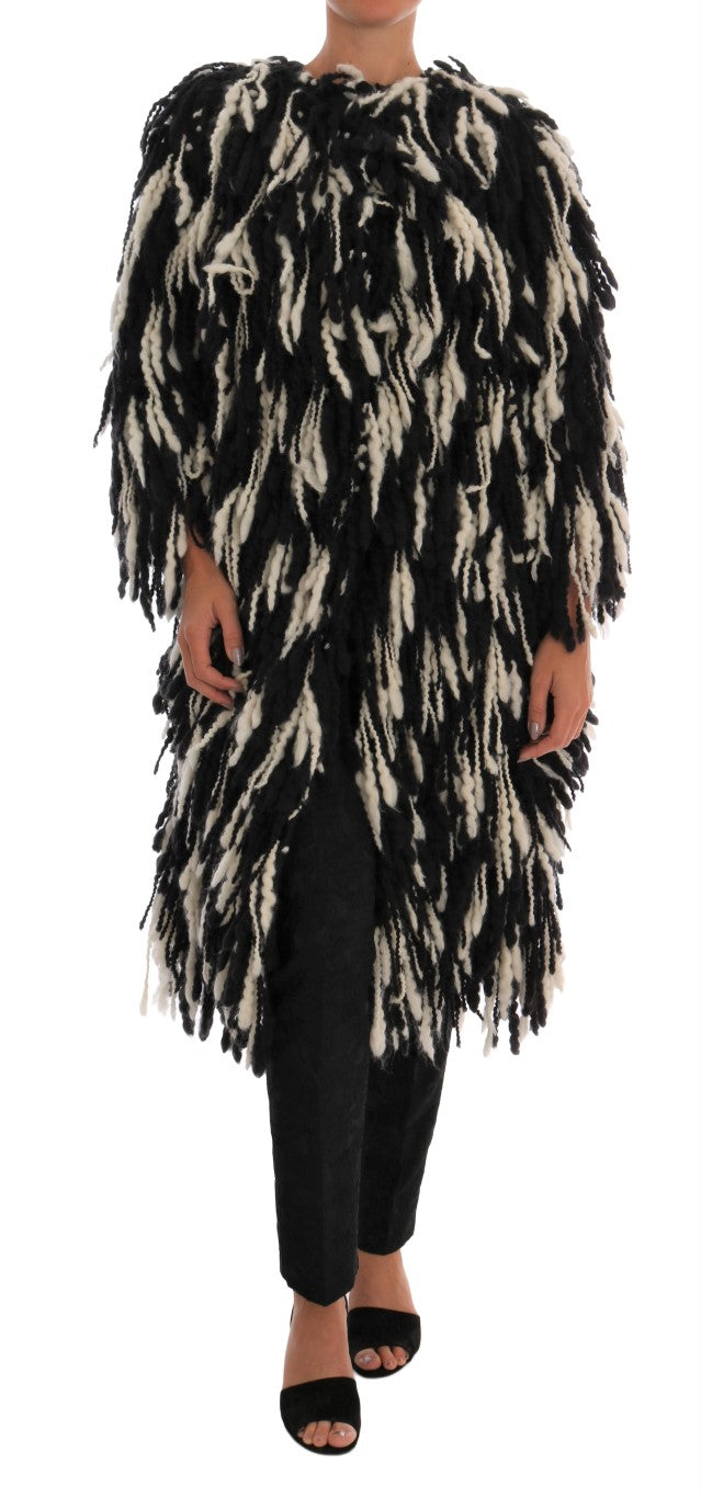 Dolce & Gabbana Black and White Fringed Wool Coat Jacket - The Home of Luxury