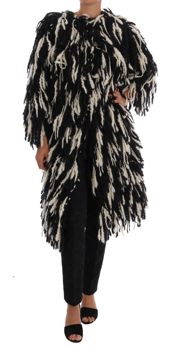 Dolce & Gabbana Black and White Fringed Wool Coat Jacket - The Home of Luxury