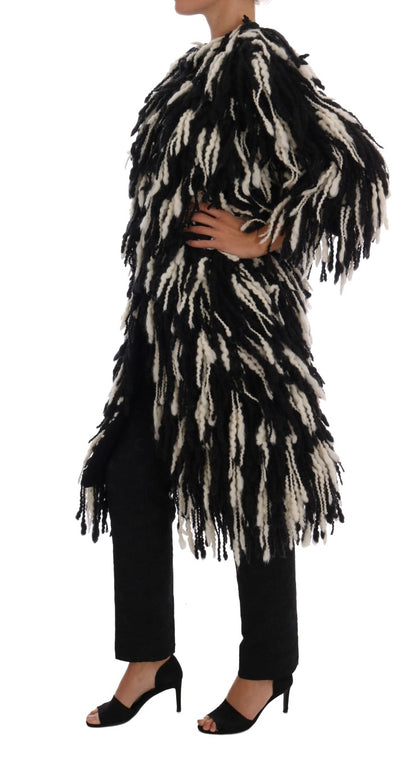 Dolce & Gabbana Black and White Fringed Wool Coat Jacket - The Home of Luxury