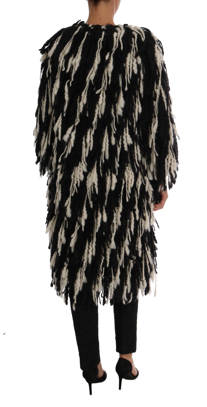 Dolce & Gabbana Black and White Fringed Wool Coat Jacket - The Home of Luxury