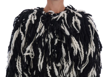 Dolce & Gabbana Black and White Fringed Wool Coat Jacket - The Home of Luxury