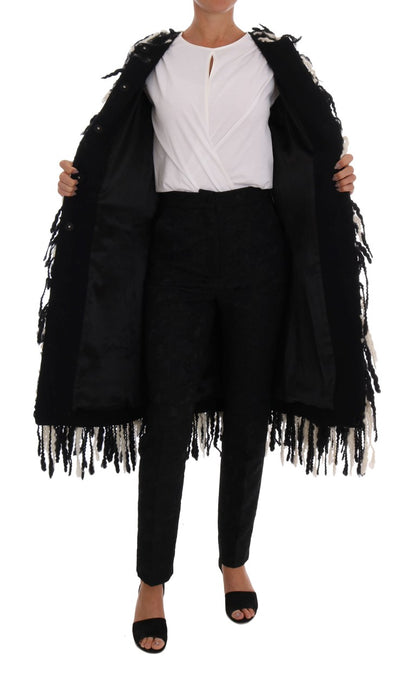 Dolce & Gabbana Black and White Fringed Wool Coat Jacket - The Home of Luxury