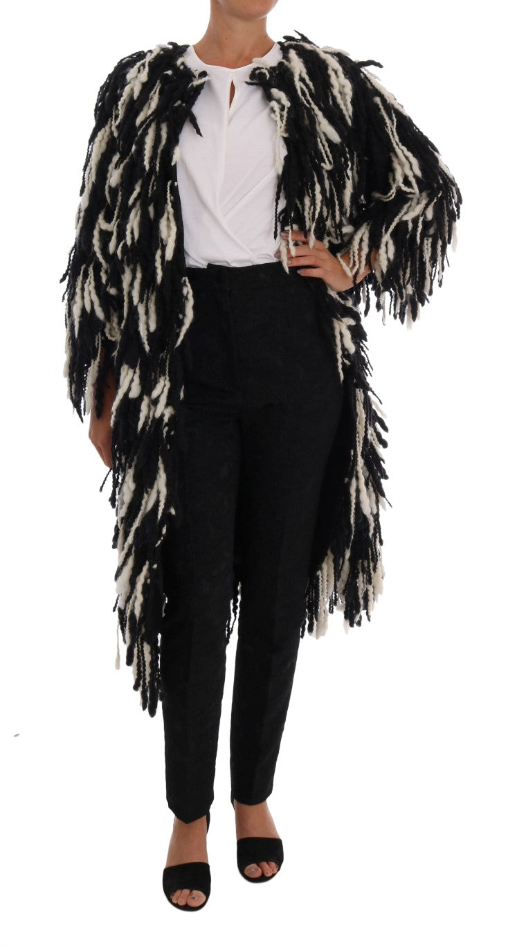 Dolce & Gabbana Black and White Fringed Wool Coat Jacket - The Home of Luxury