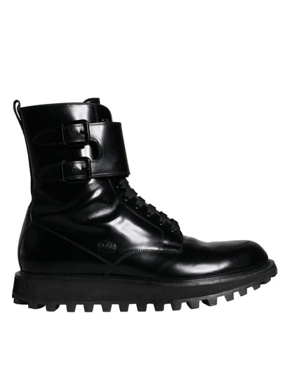 Dolce & Gabbana Black Leather Lace Up Men Mid Calf Boots Shoes