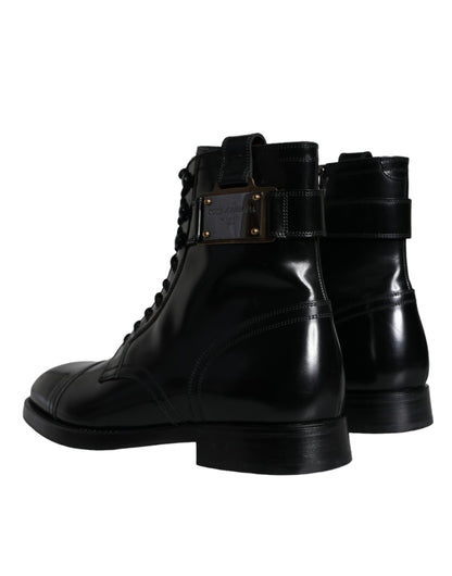 Dolce & Gabbana Black Logo Lace Up Mid Calf Men Boots Shoes