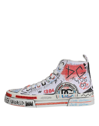 Dolce & Gabbana White Cotton Graffiti High Top Sneaker Shoes