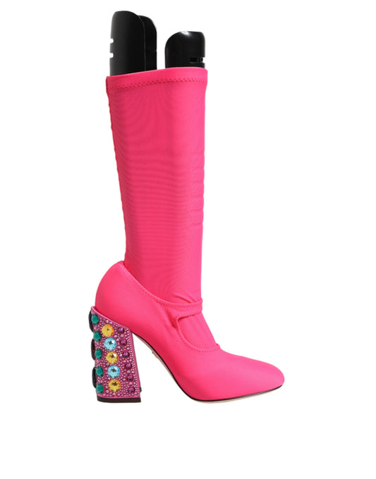 Dolce & Gabbana Pink Nylon Crystal Vally High Boots Shoes