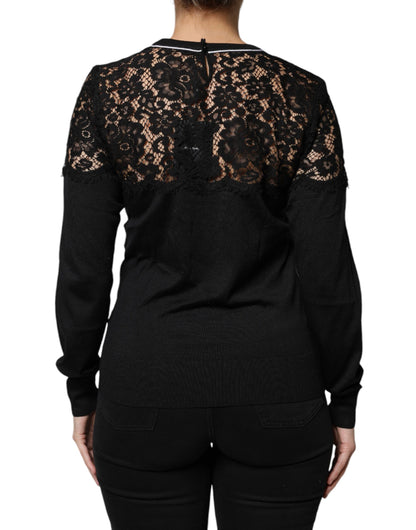 Dolce & Gabbana Black Floral Lace Silk Pullover Blouse Top