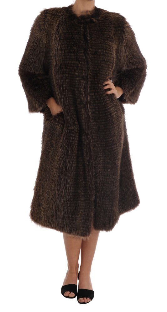 Dolce & Gabbana Elegant Brown Raccoon Fur Knee-Length Coat - The Home of Luxury