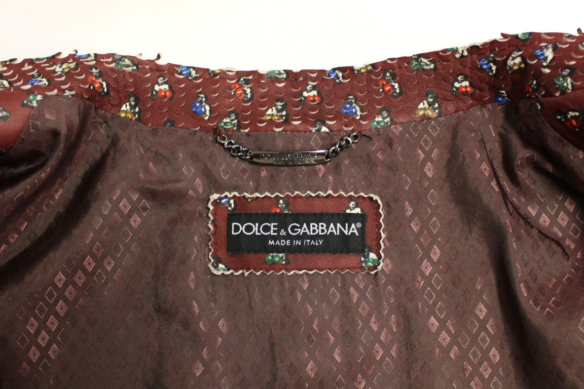 Dolce & Gabbana Exclusive Boxer Print Bordeaux Leather Jacket - The Home of Luxury