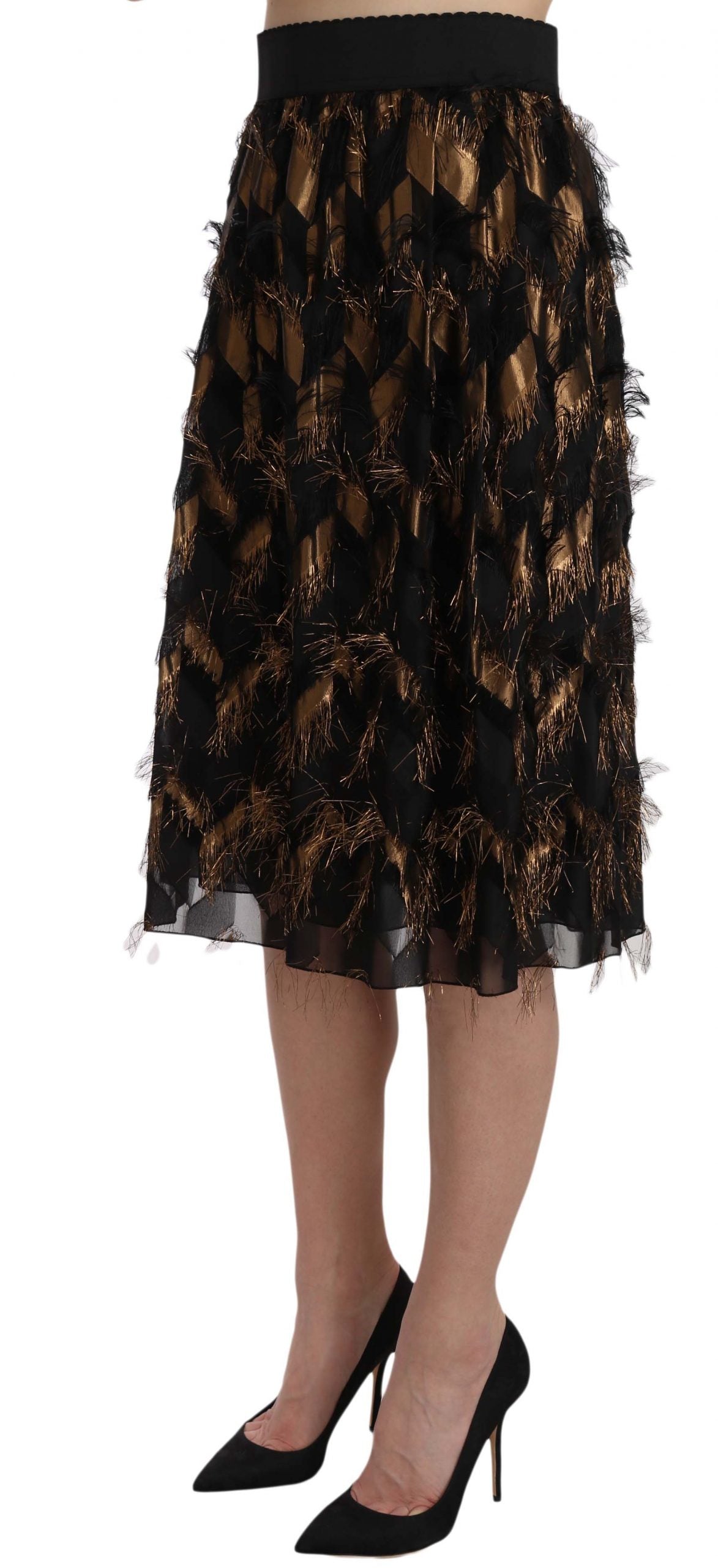 Dolce & Gabbana Elegant Gold Black Silk Blend High Waist Skirt - The Home of Luxury