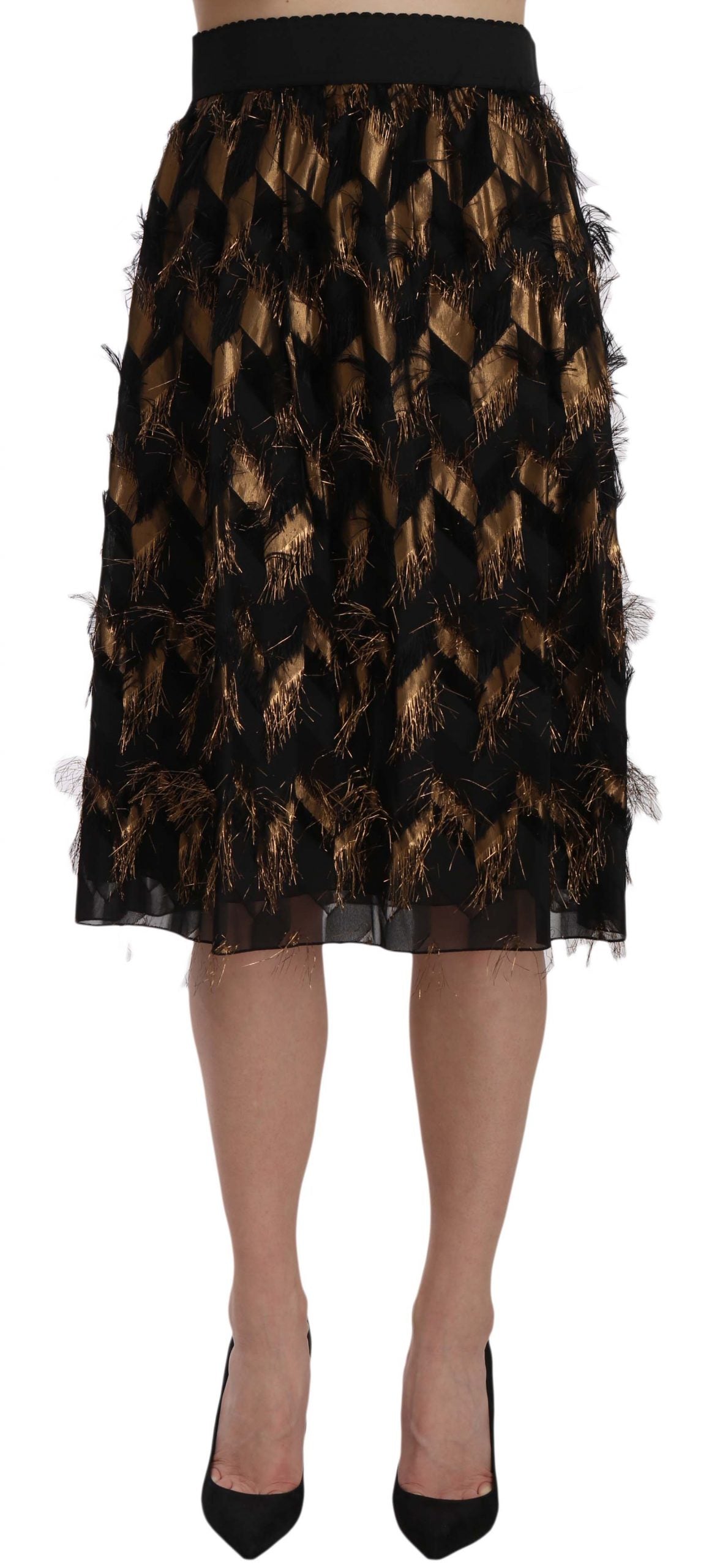 Dolce & Gabbana Elegant Gold Black Silk Blend High Waist Skirt - The Home of Luxury