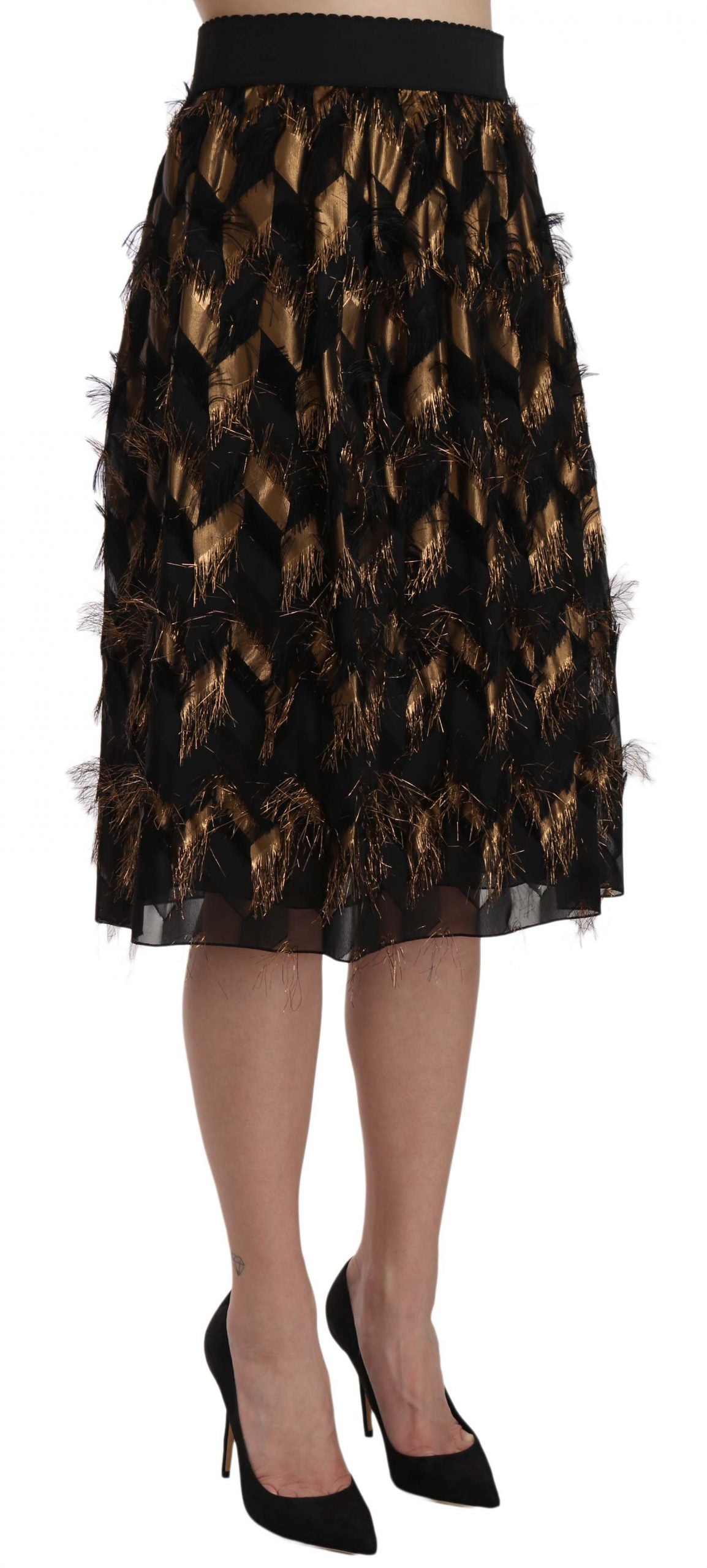 Dolce & Gabbana Elegant Gold Black Silk Blend High Waist Skirt - The Home of Luxury