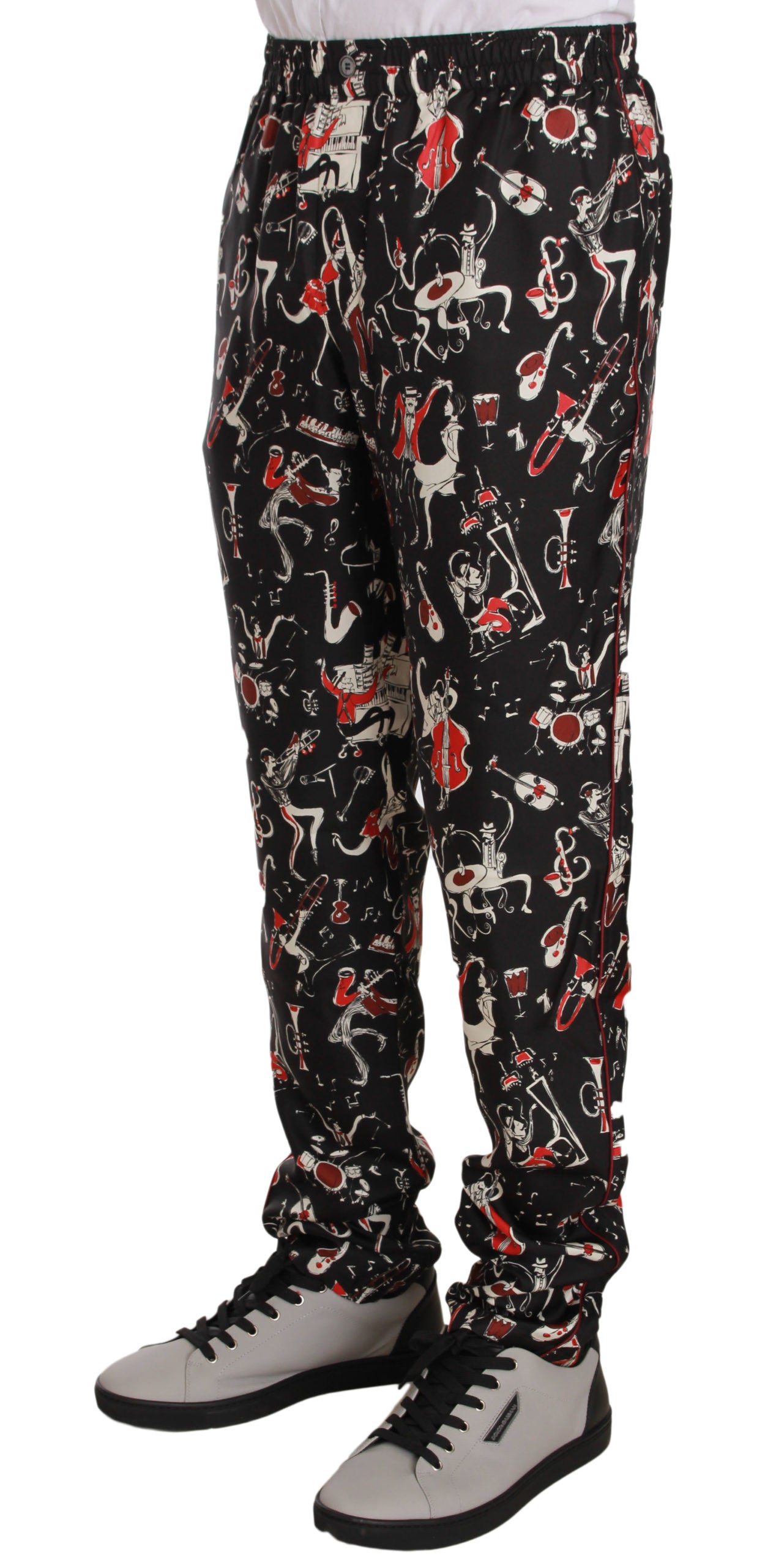 Dolce & Gabbana Elegant Black Silk Lounge Pants with Red Print - The Home of Luxury