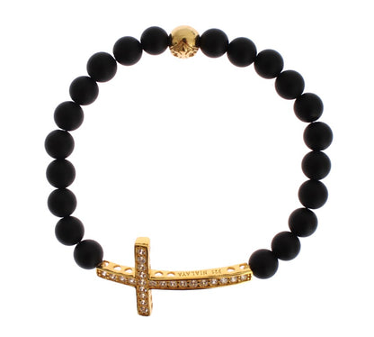 Nialaya Chic Matte Onyx Bead & CZ Diamond Cross Bracelet - The Home of Luxury